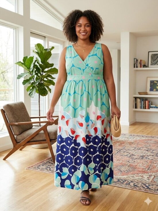 eshakti Dresses & Skirts - EShakti Printed Sleeveless Maxi Dress Green Size 2X Boho Spring Vacation Flowy